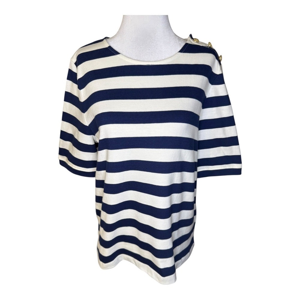 J. Crew Striped Sailor Nautical Gold Button Knit Top Shirt Women's Medium NWT